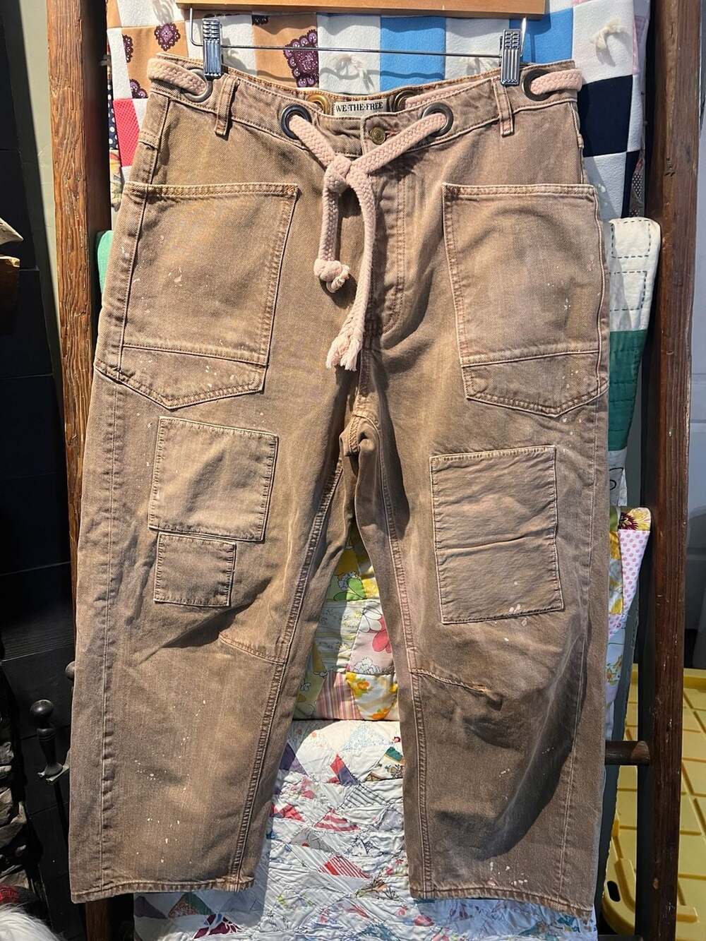 Free People Moxie Low Slung Pull On Barrel Jeans, paint splatter detail size 29